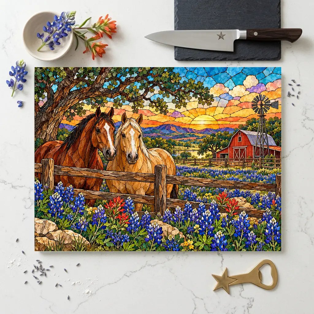 Bluebonnet Ranch Glass Cutting Board, Texas Horse Kitchen Decor, Bluebonnet Gift, Western Ranch Decor, Stained Glass Style Cutting Board