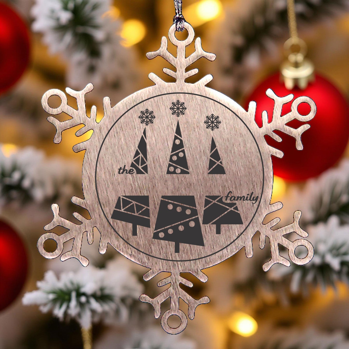 Personalized Snowflake Christmas Tree Ornament Family Name Laser Engraved Stainless Steel Keepsake - Mallard Moon