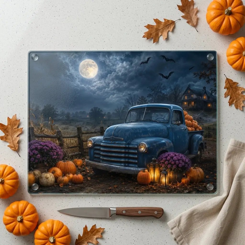 Vintage Blue Truck Halloween Cutting Board, Pumpkin Glass Cutting Board, Haunted House Kitchen Decor, Spooky Farmhouse Halloween Decorumn Kitchen Gift