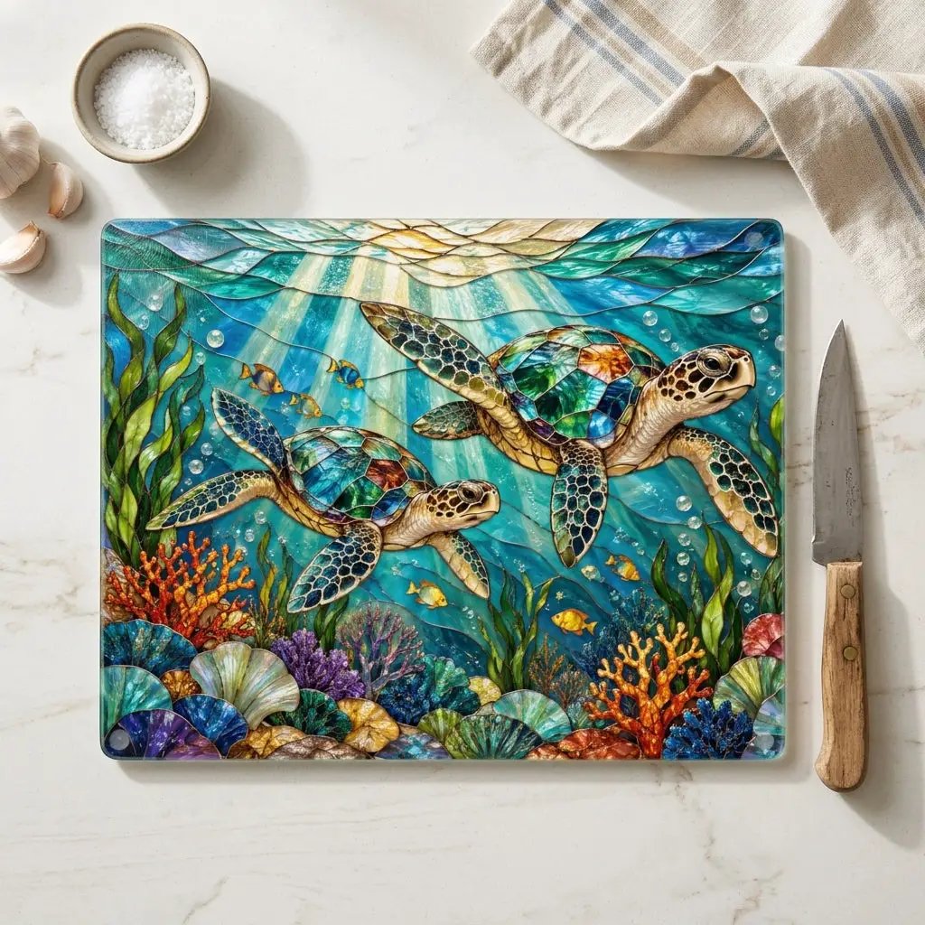 Sea Turtle Glass Cutting Board, Ocean Kitchen Decor, Coastal Chopping Board, Underwater Sea Life Gift, Marine Turtle Kitchen Art Piece