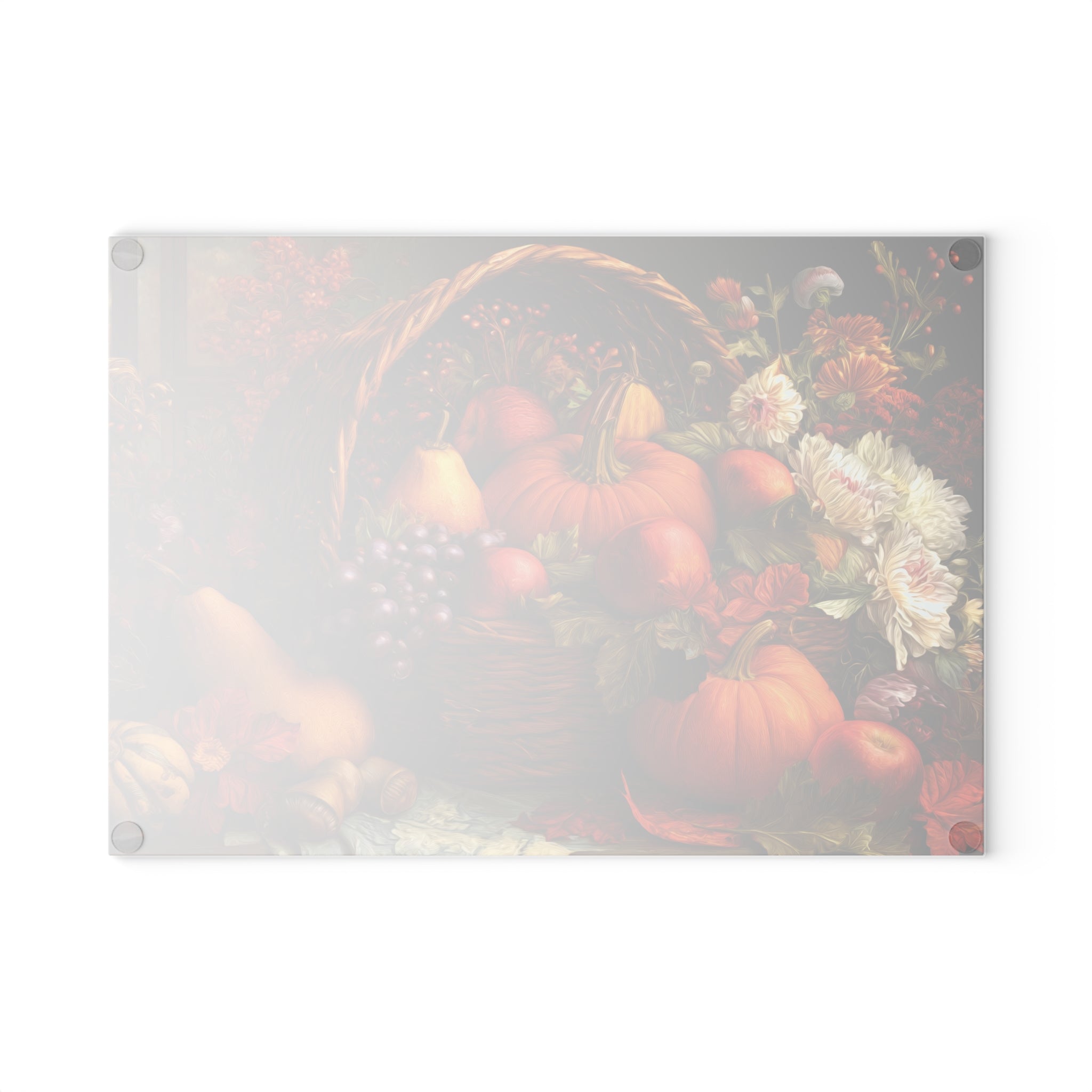 Autumn Harvest Glass Cutting Board — Pumpkin & Fruit Still Life Kitchen Décor