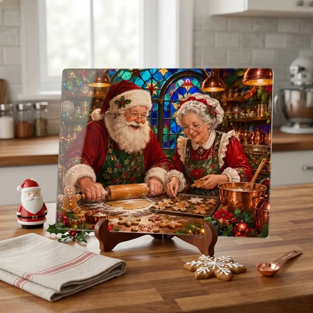 Santa and Mrs Claus Glass Cutting Board, Christmas Baking Decor, Gingerbread Kitchen Decor, Stained Glass Christmas Gift, Holiday Board