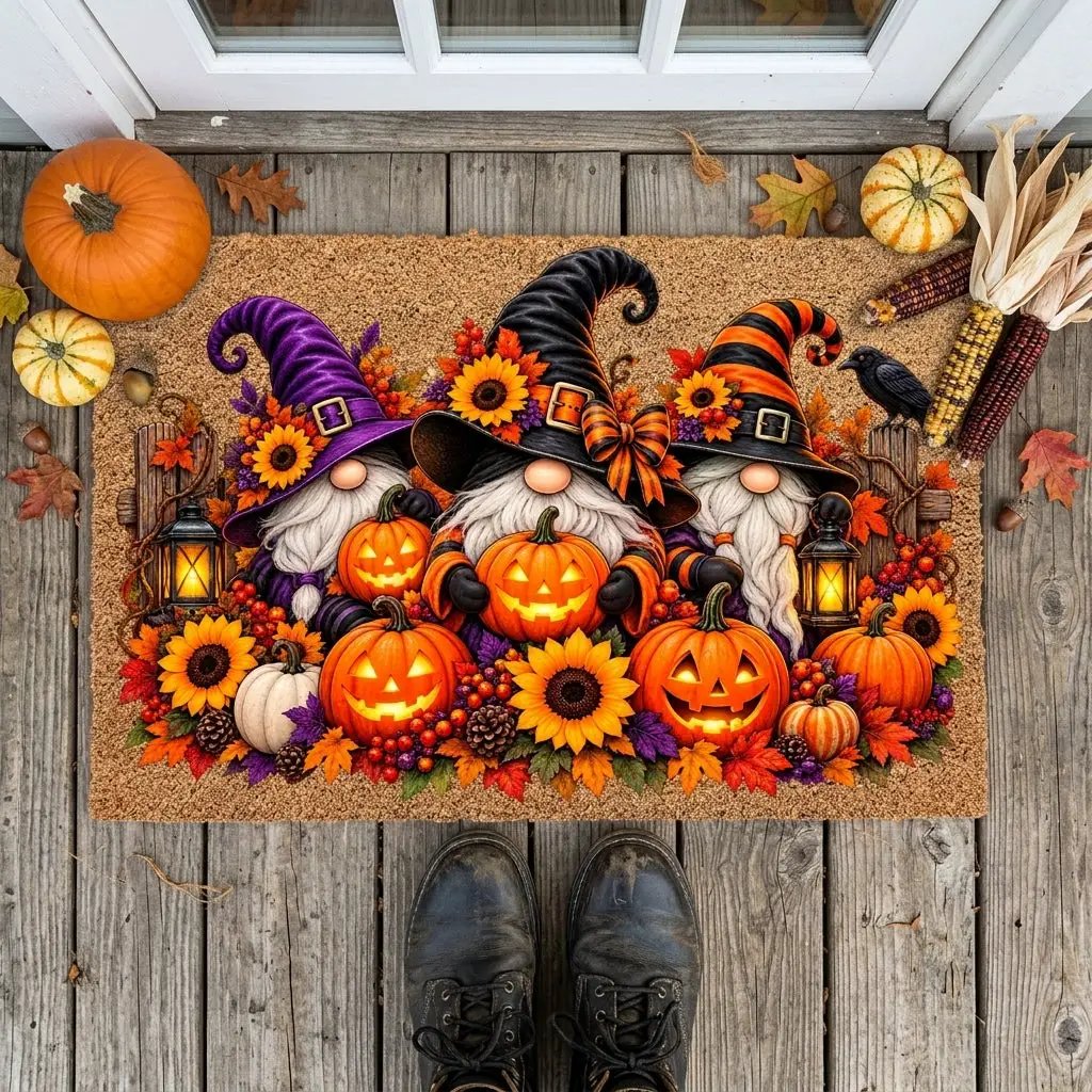 Halloween Gnome Doormat, Witch Gnomes & Pumpkins Coir Mat, Cute Spooky Fall Welcome Mat, Halloween Porch Decor, Autumn Door Mat