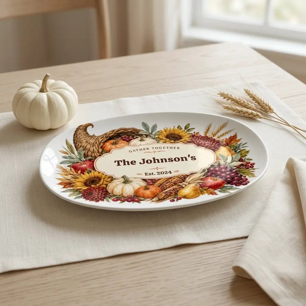 Personalized Fall Platter, Custom Family Name Serving Platter, Harvest Thanksgiving Tray, Autumn Hostess Gift, Housewarming Gift