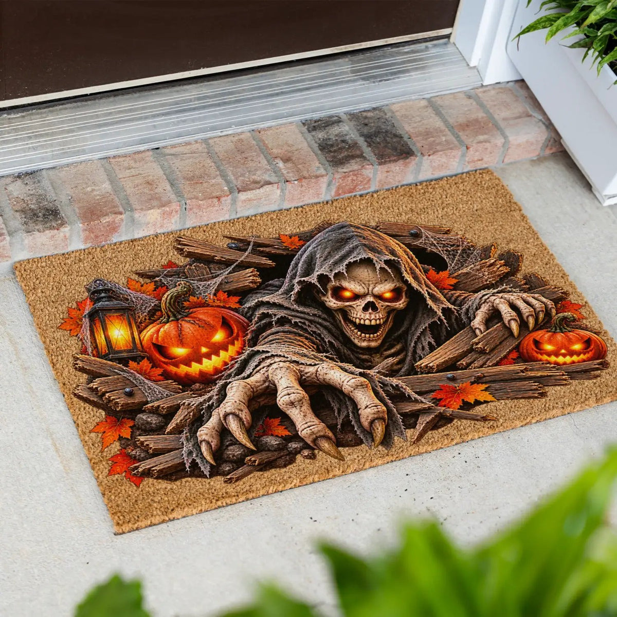 Horror Skeleton Doormat, Grim Reaper Halloween Coir Mat, Creepy Skeleton Welcome Mat, Scary Pumpkin Porch Decor, Haunted Door Mat