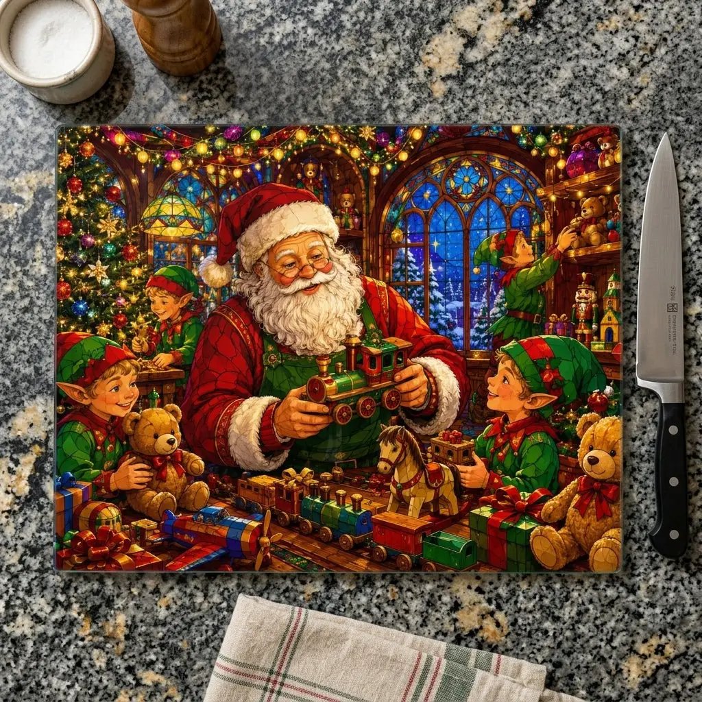 Santa Workshop Glass Cutting Board, Christmas Kitchen Decor, Santa and Elves Stained Glass Art, Holiday Serving Board, Christmas Gift