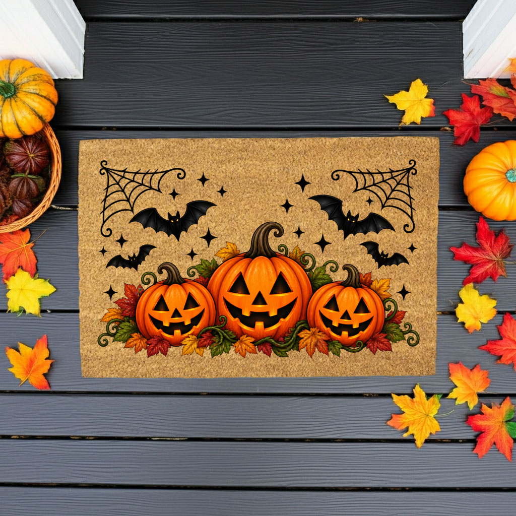 Halloween Pumpkin Doormat, Jack O Lantern Coir Welcome Mat, Fall Front Porch Decor, Spooky Bat Door Mat, Autumn Halloween Entryway
