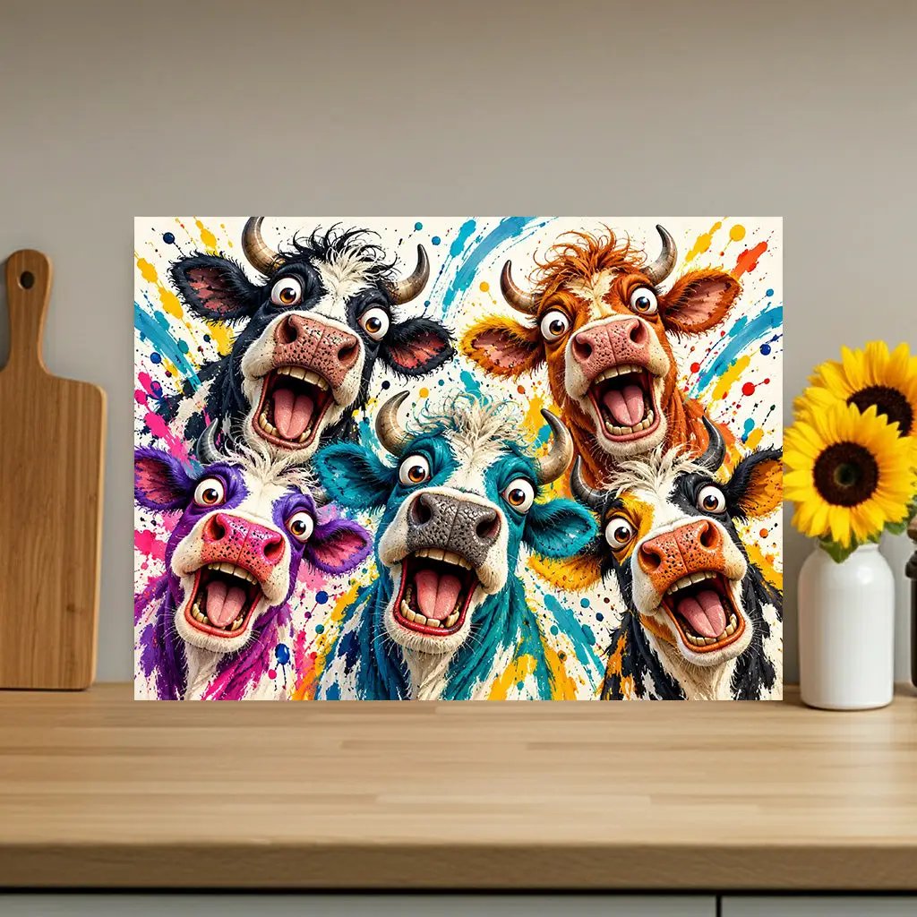 Screaming Cow Cutting Board, Funny Cow Glass Cutting Board, Colorful Cow Kitchen Decor, Farm Animal Gift, Cow Lover Gift