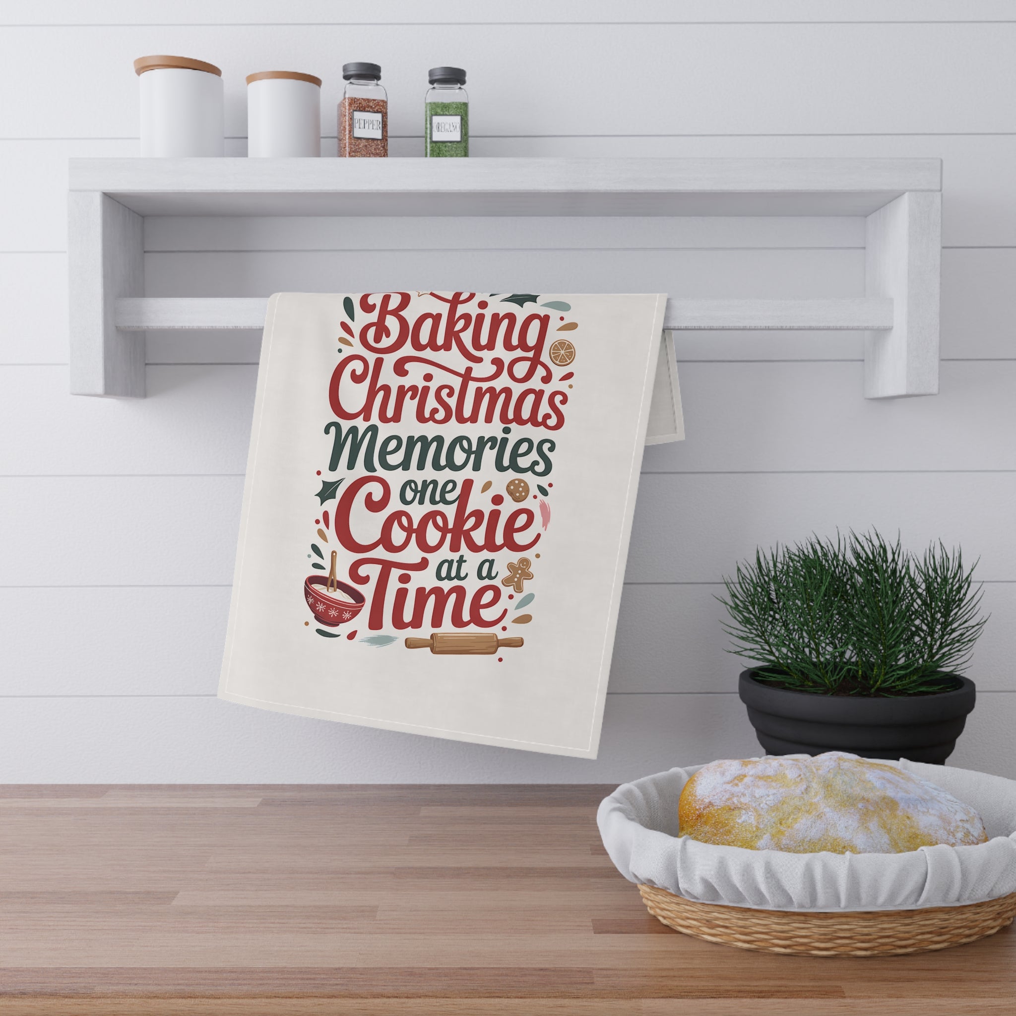 Christmas Baking Tea Towel — “Baking Christmas Memories One Cookie at a Time” Kitchen Towel