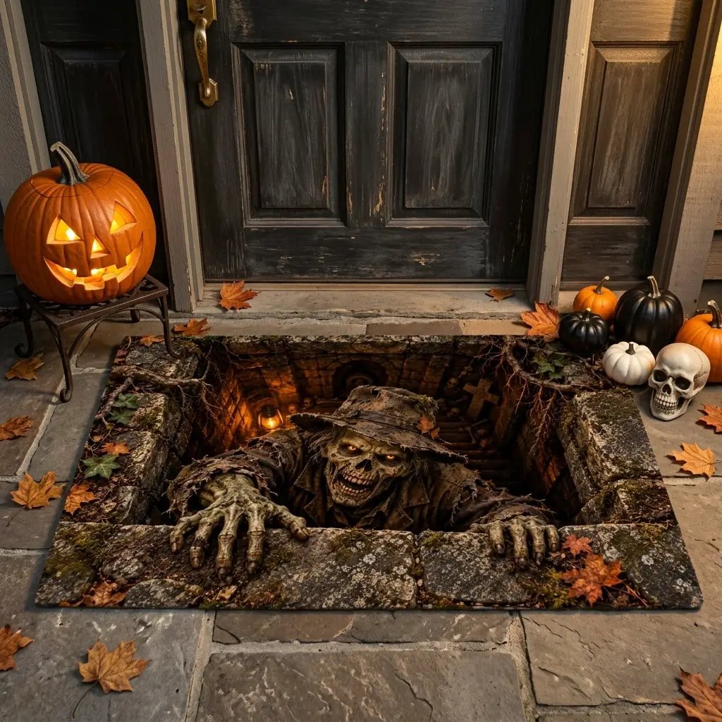 Undead Groundskeeper Halloween Doormat, 3D Zombie Optical Illusion Mat, Creepy Graveyard Door Mat, Haunted Crypt Halloween Decor