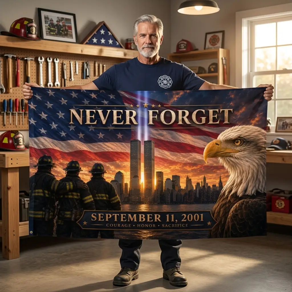 Twin Towers Patriotic Remembrance Flag, 9/11 Memorial Decor, Never Forget Double Sided Flag, September 11 Firefighter Tribute,
