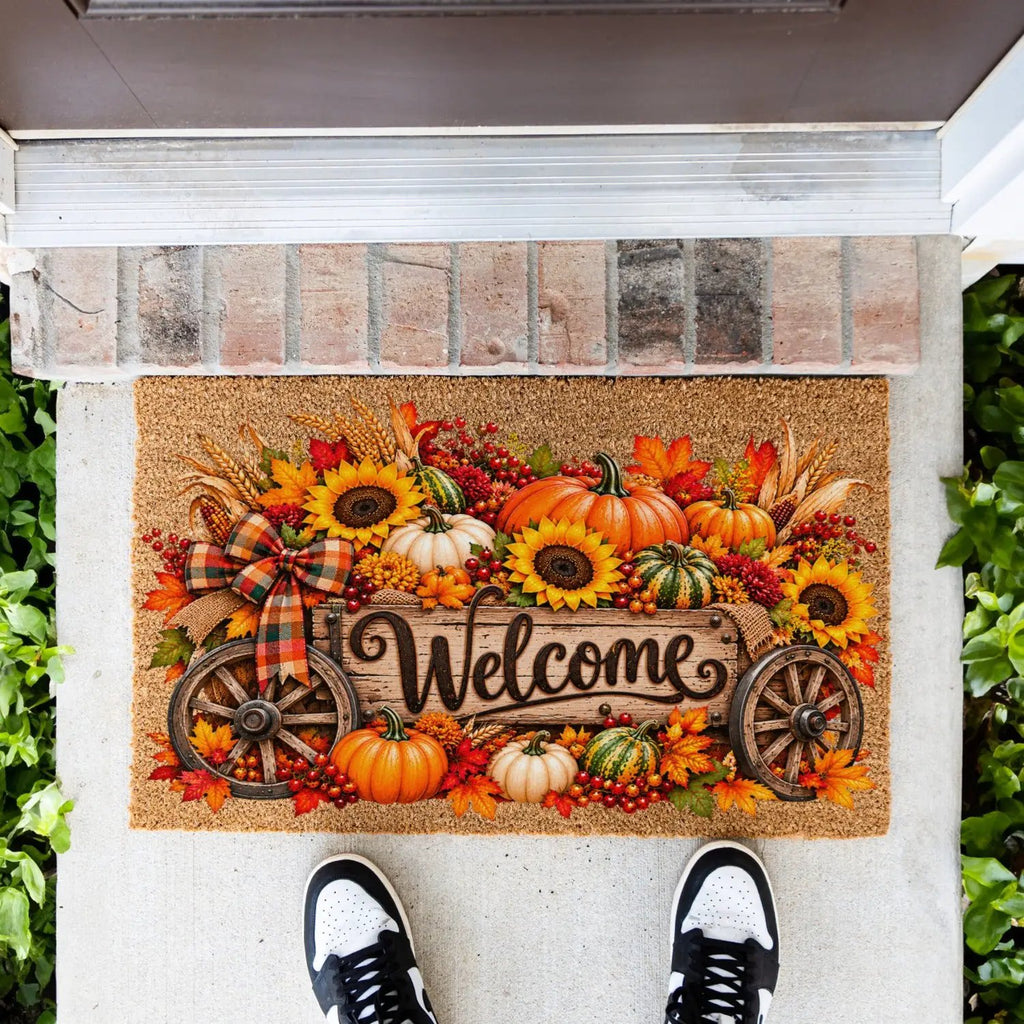 Harvest Wagon Welcome Doormat, Fall Coir Door Mat, Pumpkin Sunflower Welcome Mat, Autumn Farmhouse Porch Decor, Thanksgiving Doormat