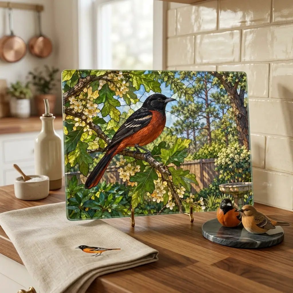 Orchard Oriole Glass Cutting Board, Backyard Bird Kitchen Decor, Oriole Bird Lover Gift, Nature Serving Board, Birdwatcher Gift