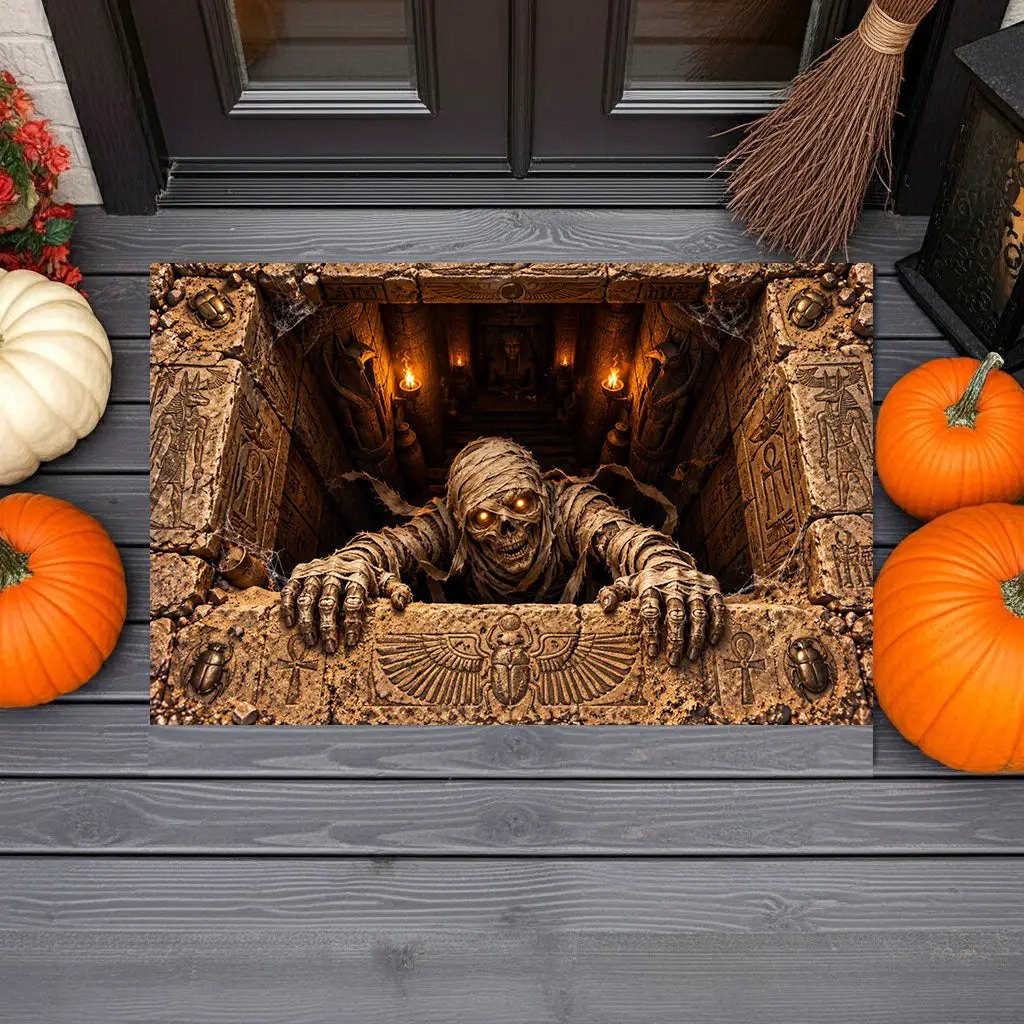 Mummy Halloween Doormat, 3D Egyptian Tomb Optical Illusion Mat, Creepy Mummy Door Mat, Haunted Halloween Porch Decor