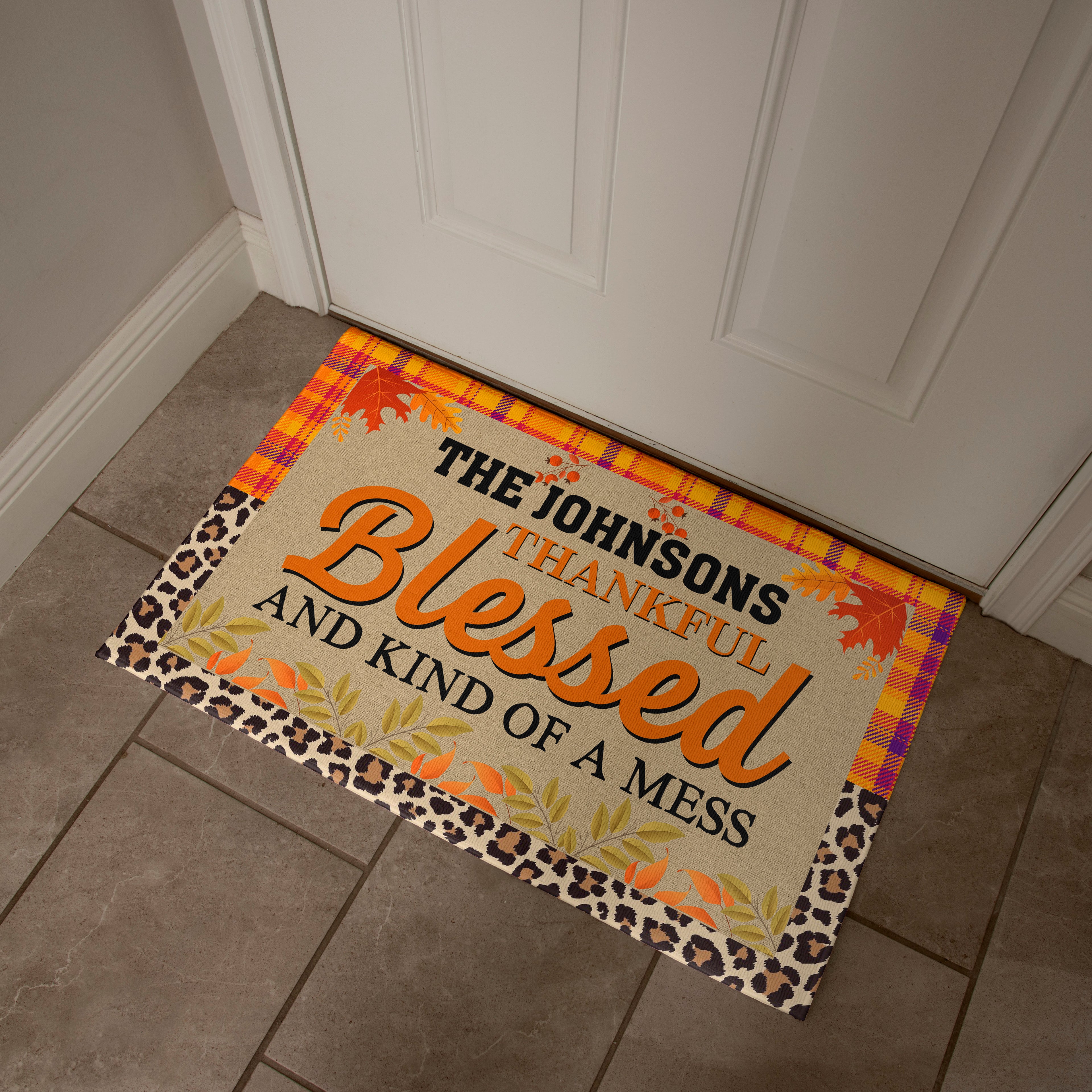 Personalized Thanksgiving Doormat – “Thankful, Blessed, and Kind of a Mess” Custom Family Name Fall Welcome Mat with Plaid and Leopard Print Design
