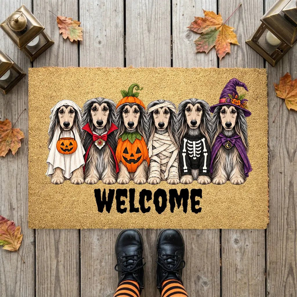 Dog Breed Personalized Halloween Costume Doormat, Custom Dog Welcome Mat, Halloween Coir Doormat, Family Name Dog Lover Gift