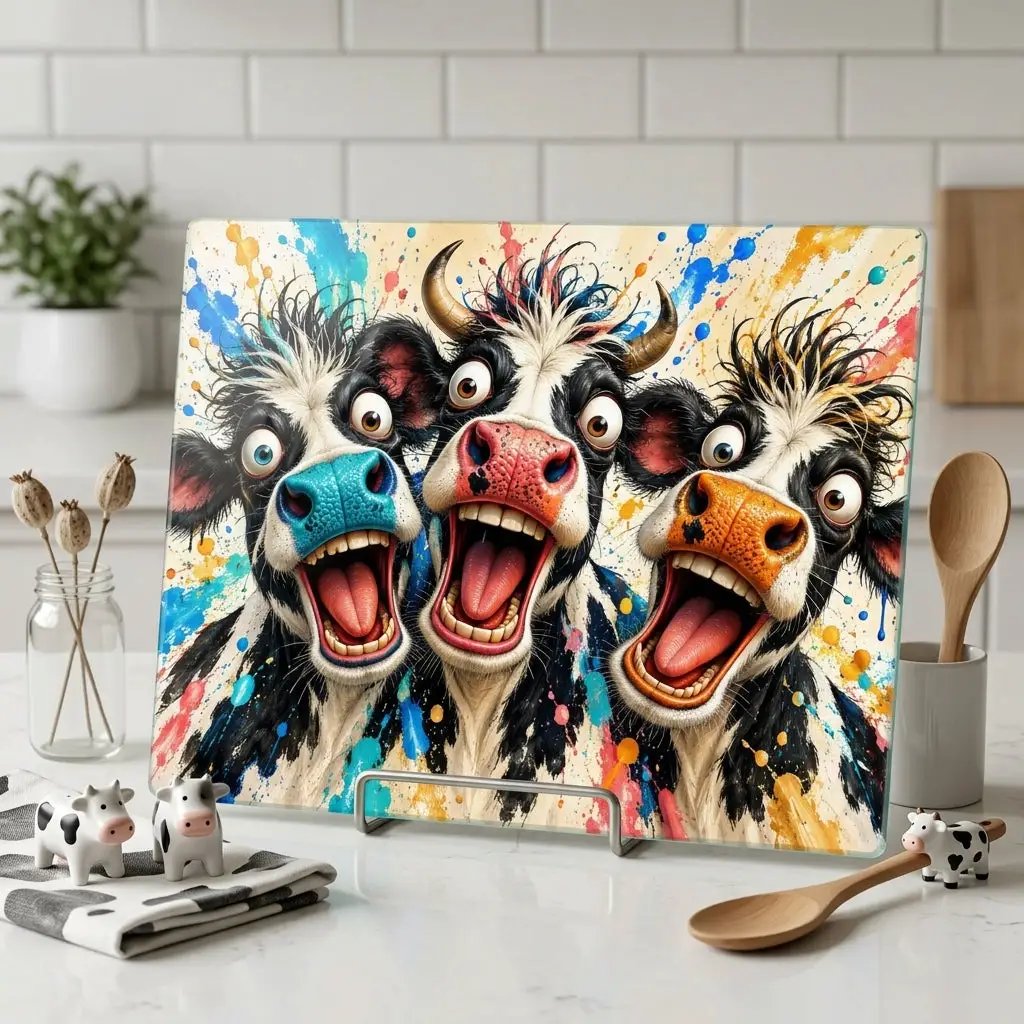 Funny Screaming Cow Glass Cutting Board, Colorful Cow Kitchen Decor, Cow Lover Gift, Funny Farmhouse Gift