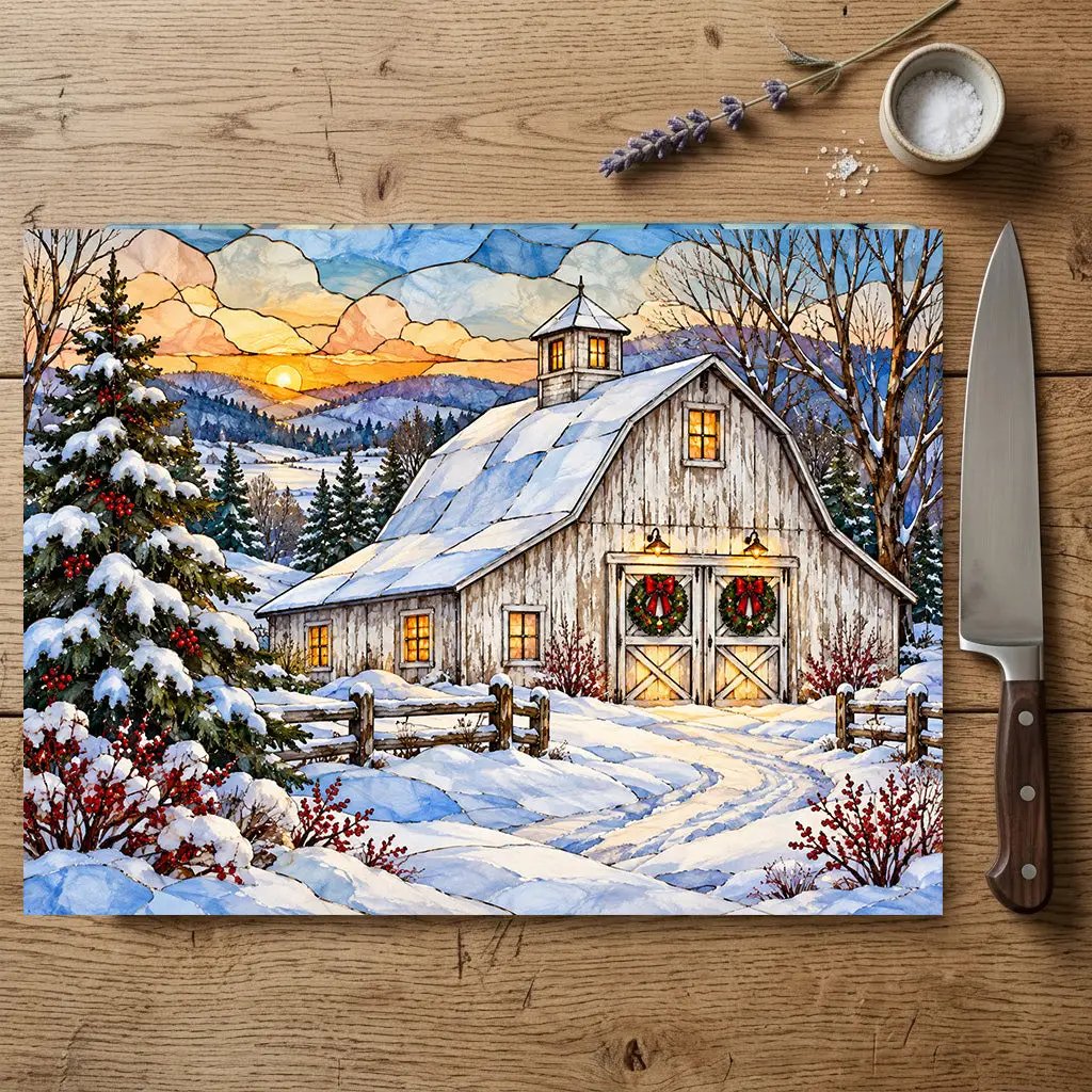 White Barn Glass Cutting Board, Christmas Farmhouse Decor, Winter Country Kitchen, Rustic Holiday Gift, Snowy Barn Christmas Decor
