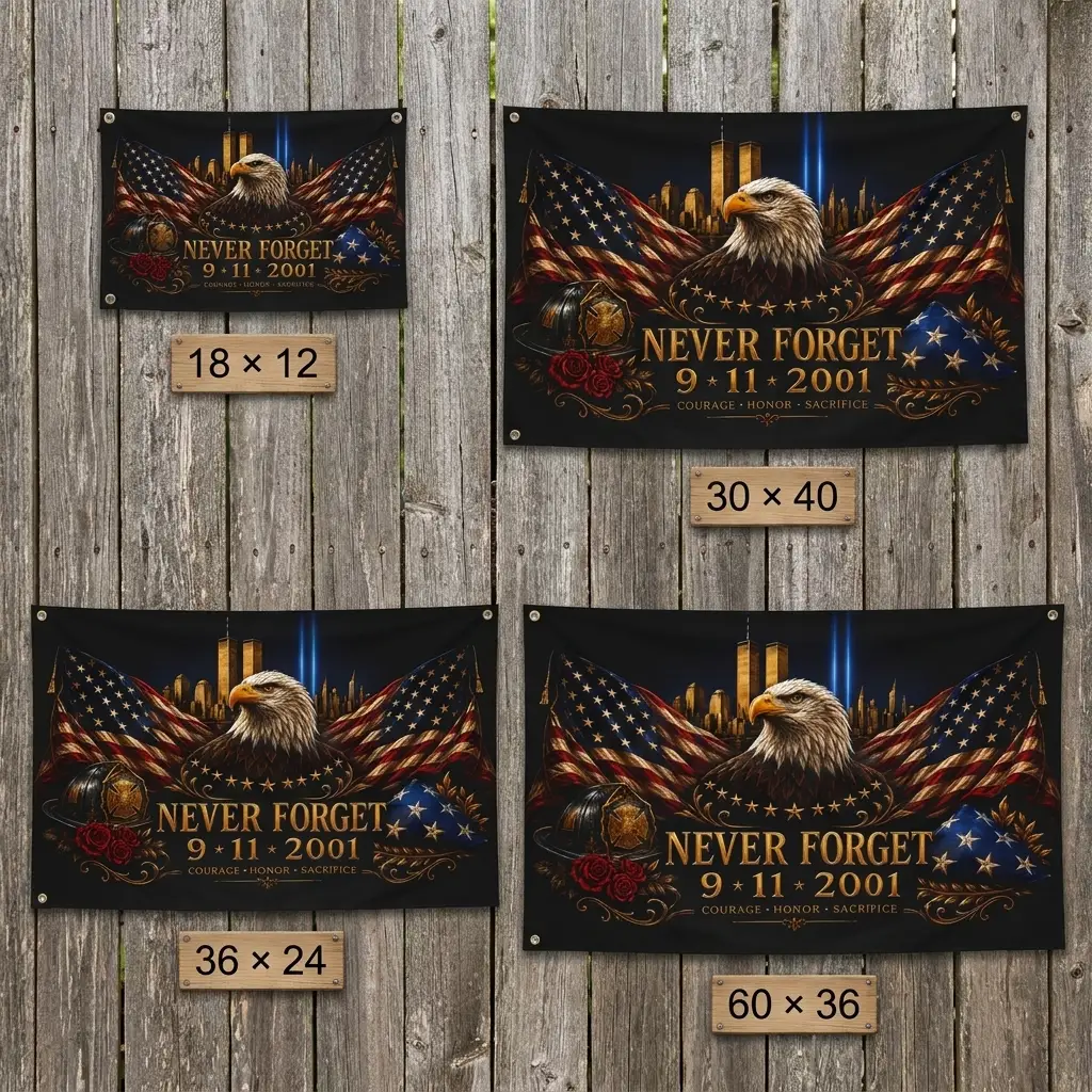 Never Forget 9/11 Double-Sided Memorial Flag – Eagle & Firefighter Tribute