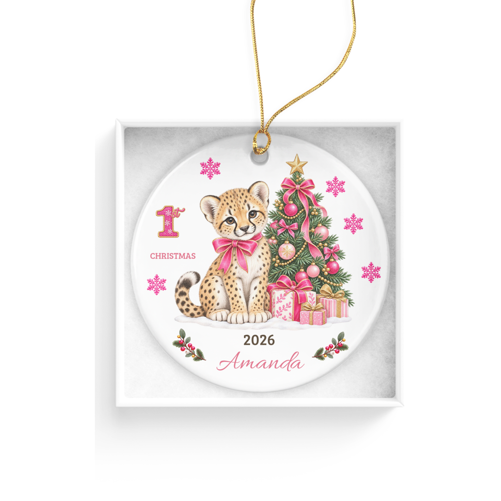 Personalized Baby Girl Cheetah Christmas Ornament, Baby's First Christmas, 1st–10th Year Keepsake, Custom Name and Year, Pink or Blue