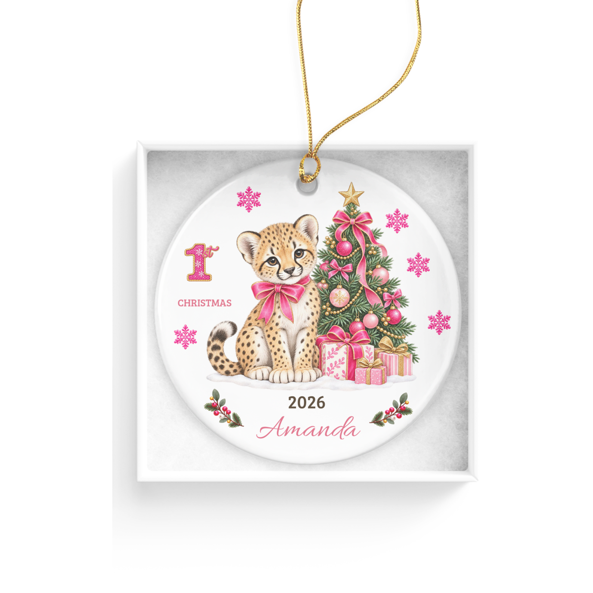 Personalized Baby Girl Cheetah Christmas Ornament, Baby's First Christmas, 1st–10th Year Keepsake, Custom Name and Year, Pink or Blue