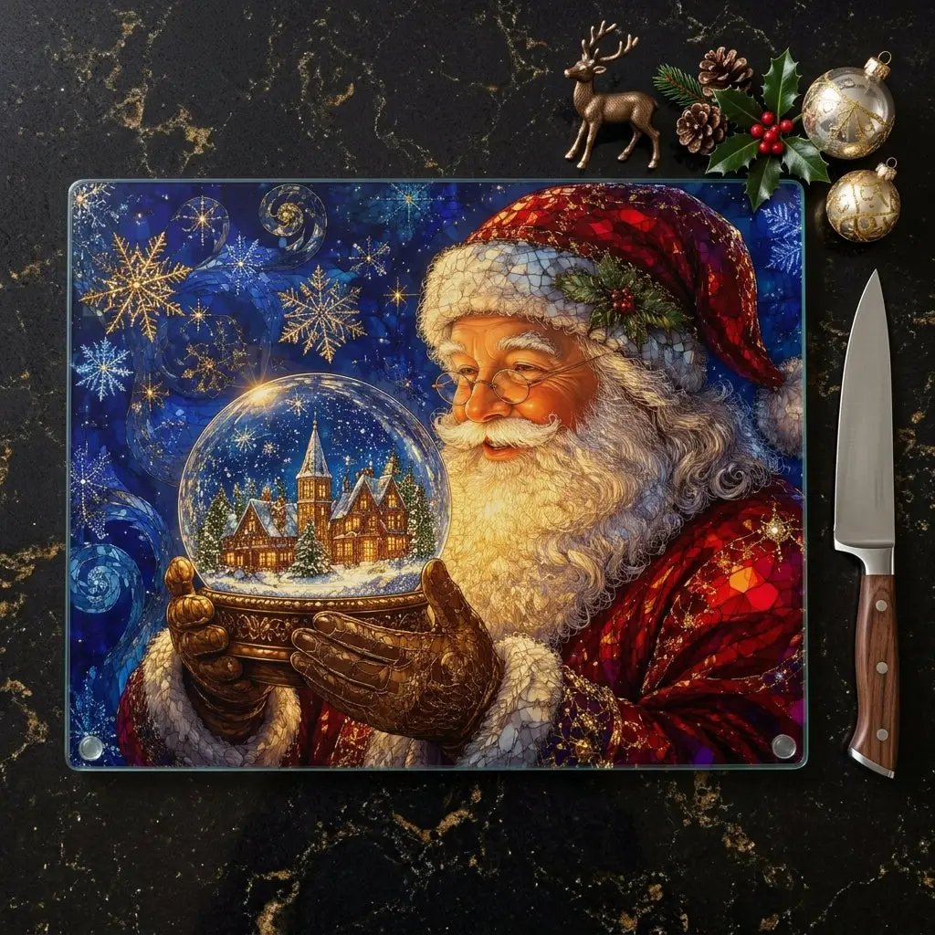 Santa Snow Globe Glass Cutting Board, Stained Glass Christmas Decor, Santa Claus Kitchen Gift, Holiday Serving Board, Christmas Gift