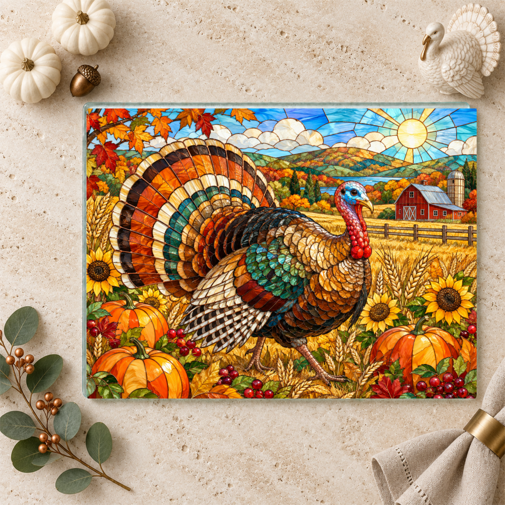 Thanksgiving Turkey Glass Cutting Board, Farmhouse Fall Kitchen Decor, Harvest Turkey Chopping Board, Autumn Hostess Gift
