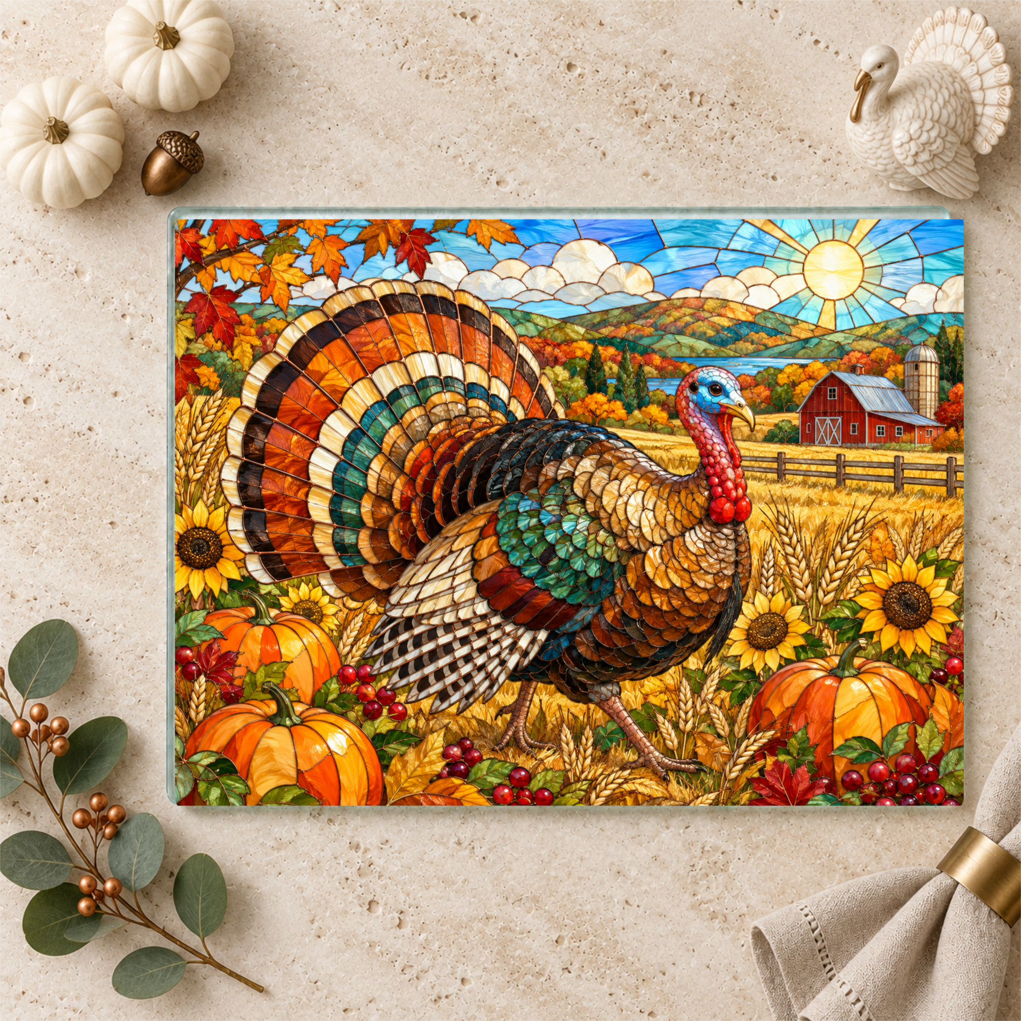 Thanksgiving Turkey Glass Cutting Board, Farmhouse Fall Kitchen Decor, Harvest Turkey Chopping Board, Autumn Hostess Gift