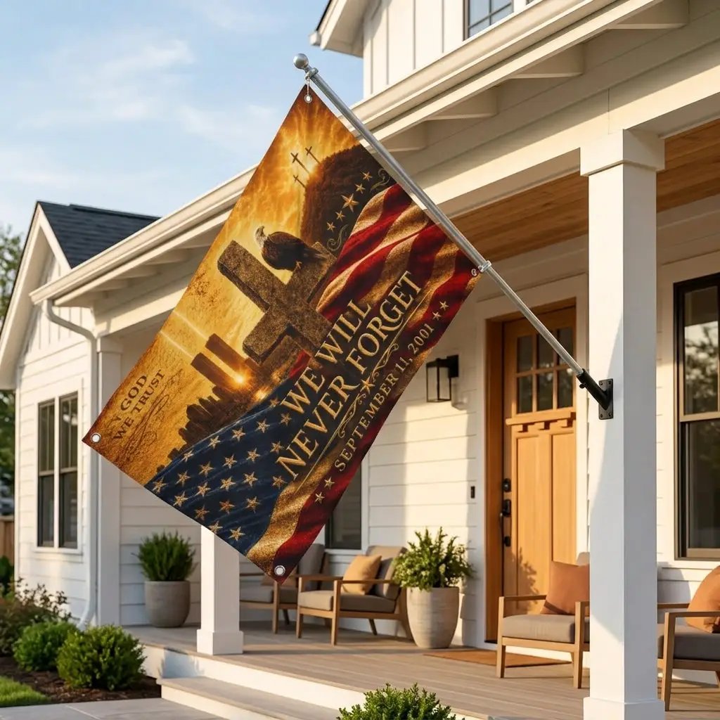We Will Never Forget Flag, In God We Trust, Double Sided American Flag with Grommets,9/11 Christian Memorial Flag