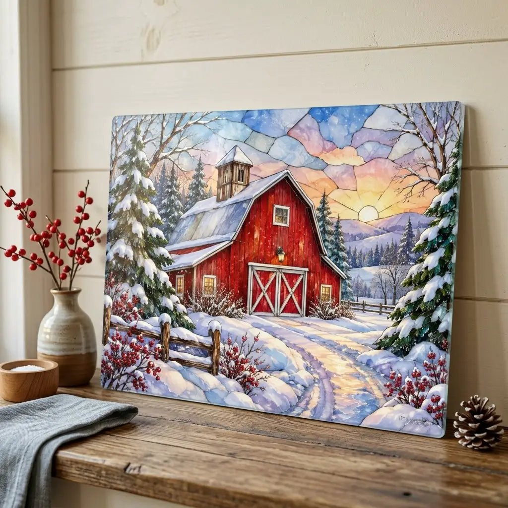 Winter Country Barn Glass Cutting Board, Red Barn Farmhouse Kitchen Decor, Snowy Rustic Country Christmas Gift