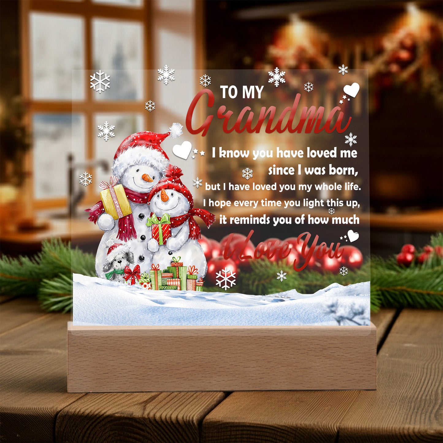 To My Grandma Acrylic Plaque – Snowman Family LED Light Gift | Heartfelt “I Love You” Christmas Keepsake for Grandmother