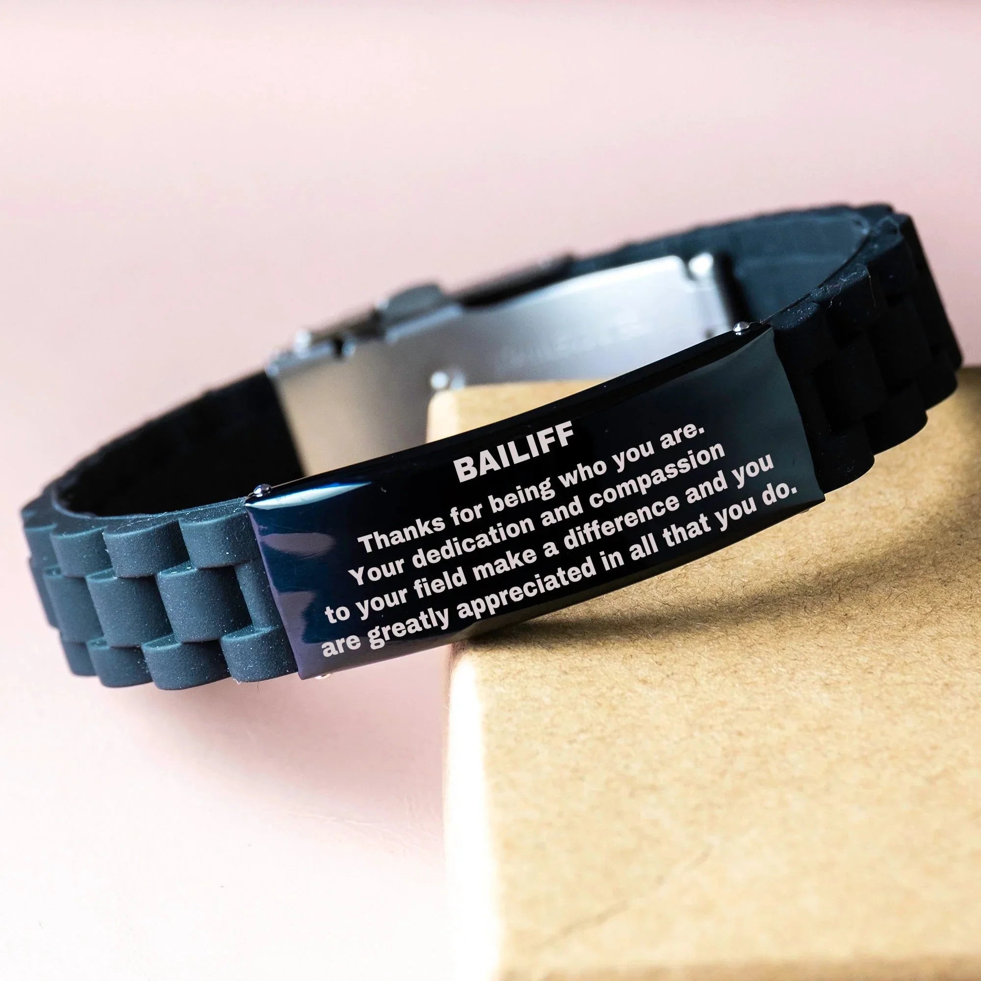 Bailiff Glidelock Bracelet – Engraved Black Stainless Steel and Silicone Wristband Gift for Court Officer – Thoughtful Present for Men or Women in Law Enforcement