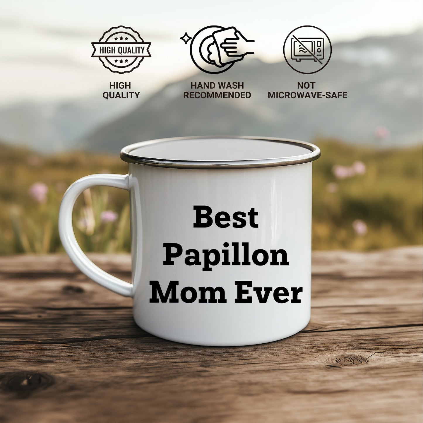 Papillon Dog Lover Gifts from Best Mom Ever - Valentine's Unique Camping Mug for Papillon Dog Owners, Funny Quote, 12 oz Stainless Steel with Enamel Finish - Mallard Moon Gift Shop