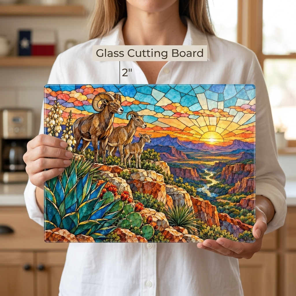 Bighorn Sheep Glass Cutting Board, Texas Wildlife Kitchen Decor, Stained Glass Desert Landscape, Southwestern Cutting Board, Wildlife Gift