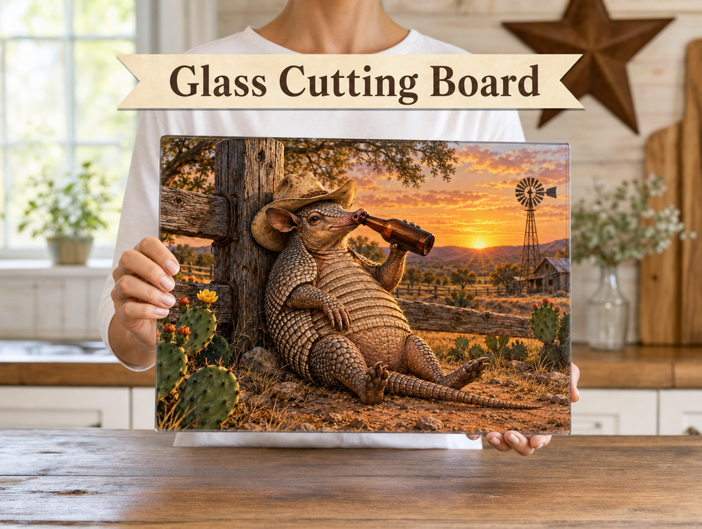 Funny Armadillo Glass Cutting Board, Texas Kitchen Decor, Cowboy Armadillo Gift, Western Kitchen Decor, Funny Texas Housewarming Gift