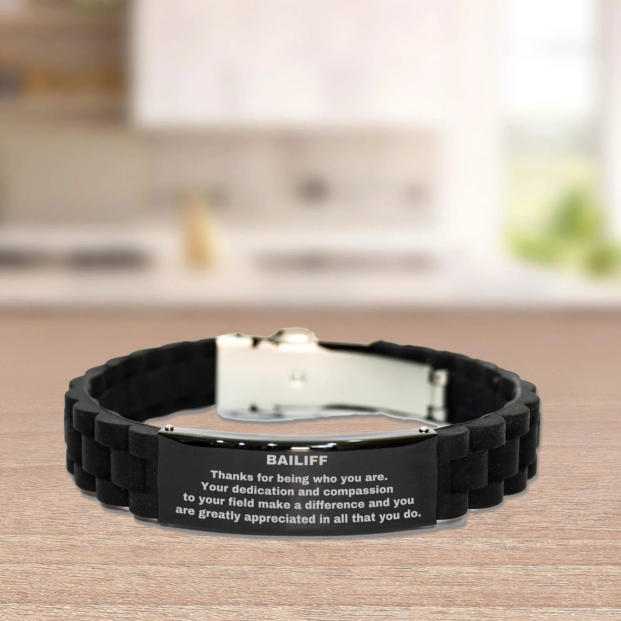 Bailiff Glidelock Bracelet – Engraved Black Stainless Steel and Silicone Wristband Gift for Court Officer – Thoughtful Present for Men or Women in Law Enforcement