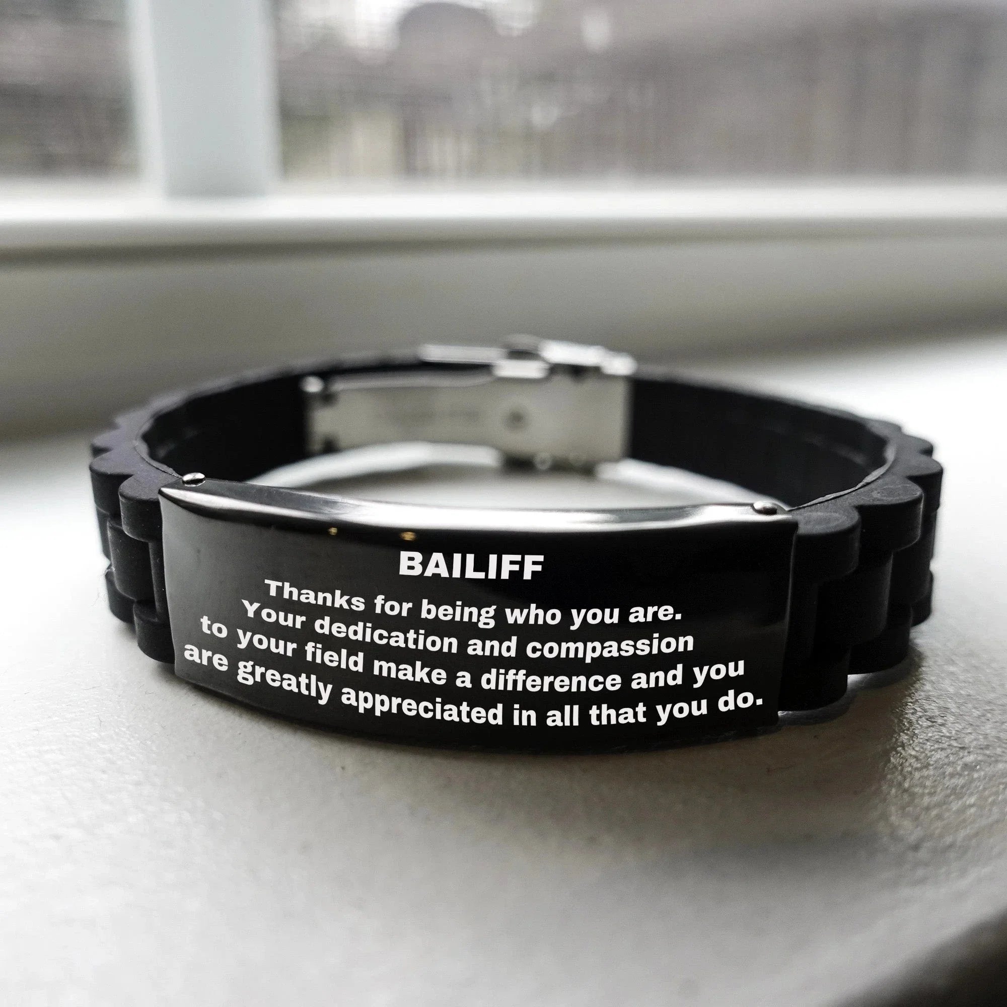 Bailiff Glidelock Bracelet – Engraved Black Stainless Steel and Silicone Wristband Gift for Court Officer – Thoughtful Present for Men or Women in Law Enforcement