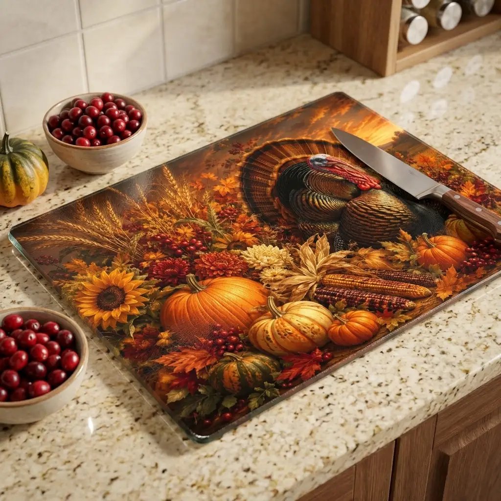 Turkey Glass Cutting Board, Thanksgiving Kitchen Decor, Fall Harvest Cutting Board, Turkey Hostess Gift
