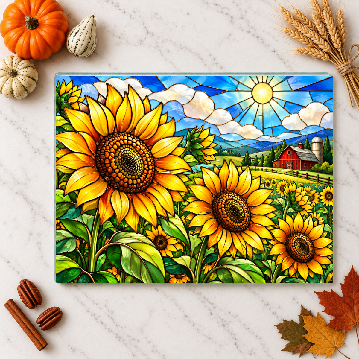 Sunflower Glass Cutting Board, Farmhouse Kitchen Decor, Country Sunflower Chopping Board, Stained Glass Floral Gift, Housewarming Gift