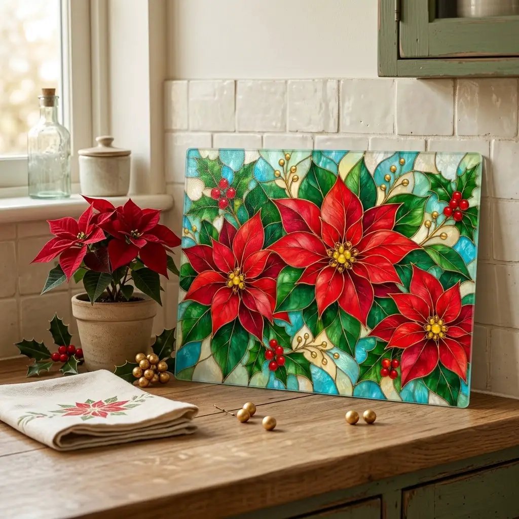Christmas Poinsettia Glass Cutting Board, Holiday Holly Berry Kitchen Decor, Festive Red Floral Chopping Board, Seasonal Gift Idea