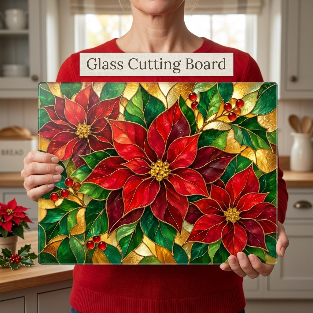 Christmas Poinsettia Glass Cutting Board, Holiday Kitchen Decor, Red Poinsettias and Holly, Festive Chopping Board, Seasonal Gift Idea