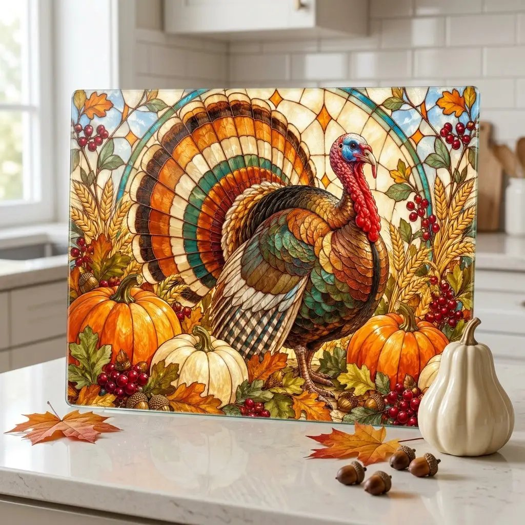 Thanksgiving Turkey Glass Cutting Board, Fall Harvest Kitchen Decor, Pumpkin Turkey Chopping Board, Thanksgiving Hostess Gift