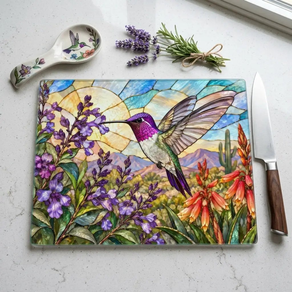 Hummingbird Cutting Board, Stained Glass Hummingbird Decor, Desert Wildflower Kitchen Decor, Bird Lover Gift, Southwest Decor