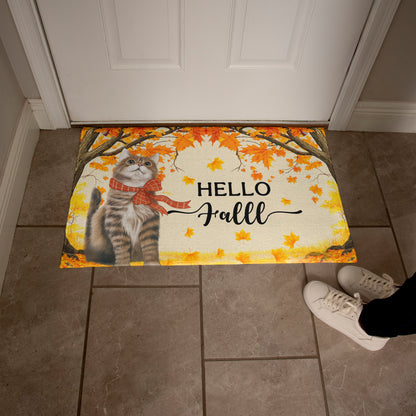 Hello Fall Cat Doormat – Fall Welcome Mat with Interchangeable Cat Designs, Autumn Leaves & Cozy Seasonal Décor for Cat Lovers and Fall Homes