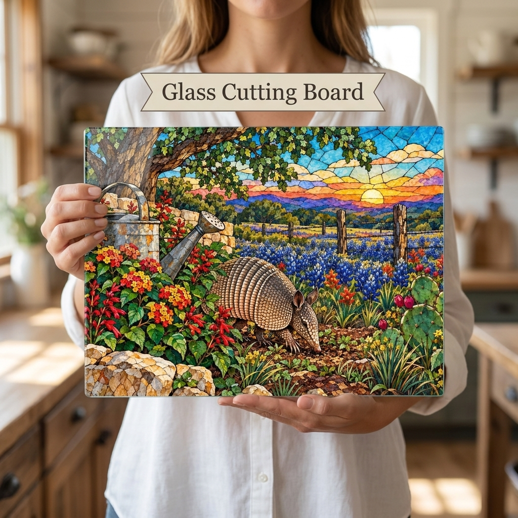 Texas Armadillo Glass Cutting Board, Bluebonnet Kitchen Decor, Stained Glass Style Texas Wildlife Gift, Country Garden Housewarming Gift