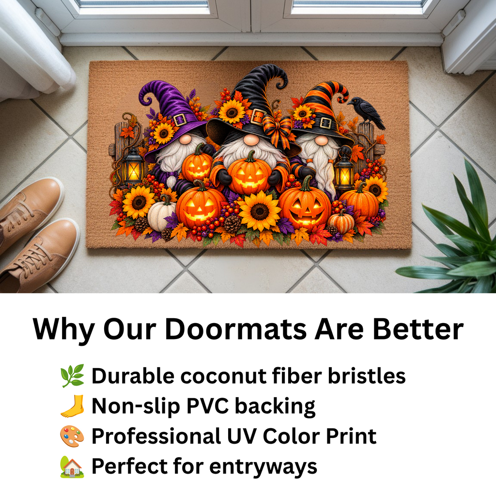 Halloween Gnome Doormat, Witch Gnomes & Pumpkins Coir Mat, Cute Spooky Fall Welcome Mat, Halloween Porch Decor, Autumn Door Mat