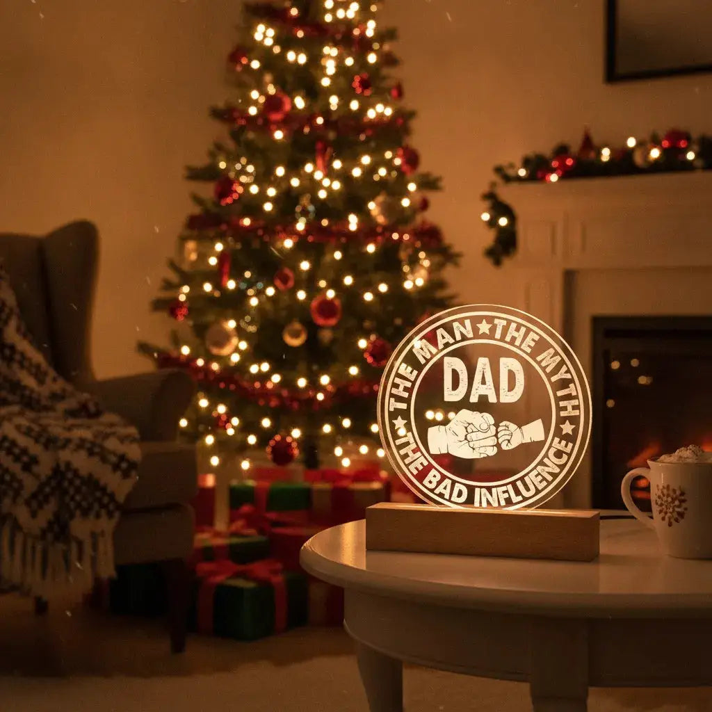 Dad – The Man. The Myth. The Bad Influence.™ Acrylic LED Plaque | Funny Father’s Day Gift with Fist Bump Design