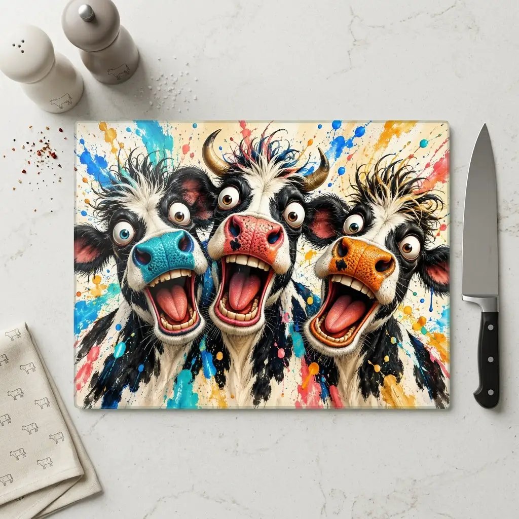 Funny Screaming Cow Glass Cutting Board, Colorful Cow Kitchen Decor, Cow Lover Gift, Funny Farmhouse Gift
