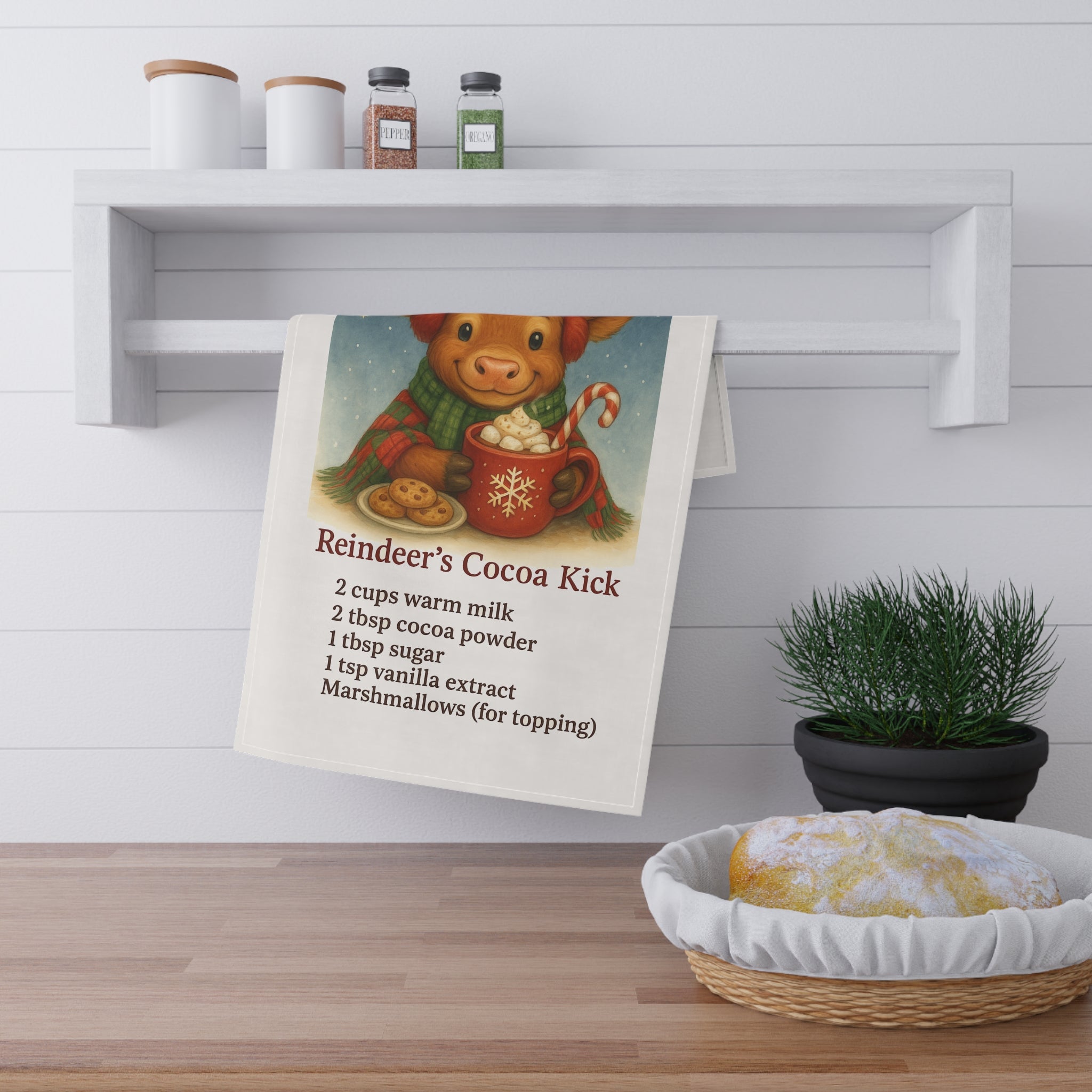 Reindeer Cocoa Kick Tea Towel — Holiday Hot Chocolate Recipe Kitchen Towel