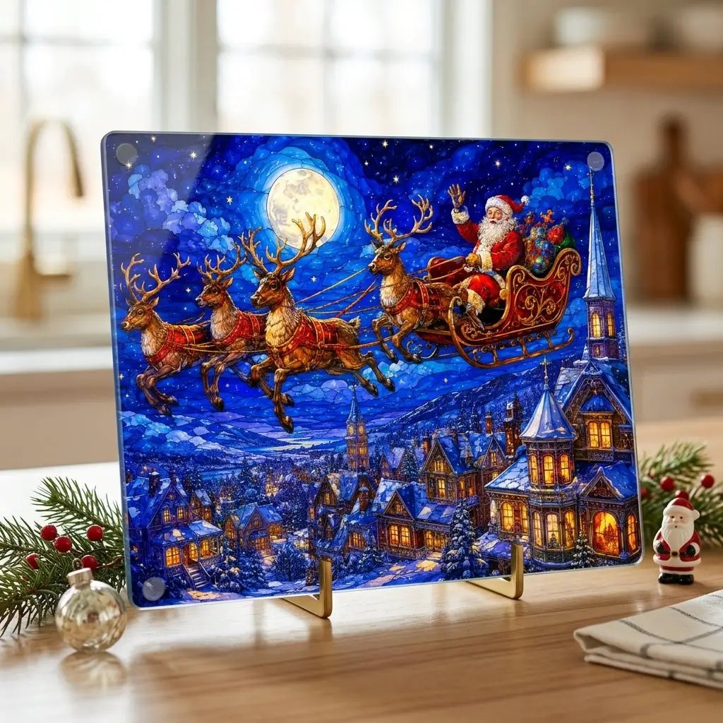 Santa Sleigh Glass Cutting Board, Reindeer Christmas Kitchen Decor, Christmas Eve Serving Board, Stained Glass Santa Gift, Holiday Decor